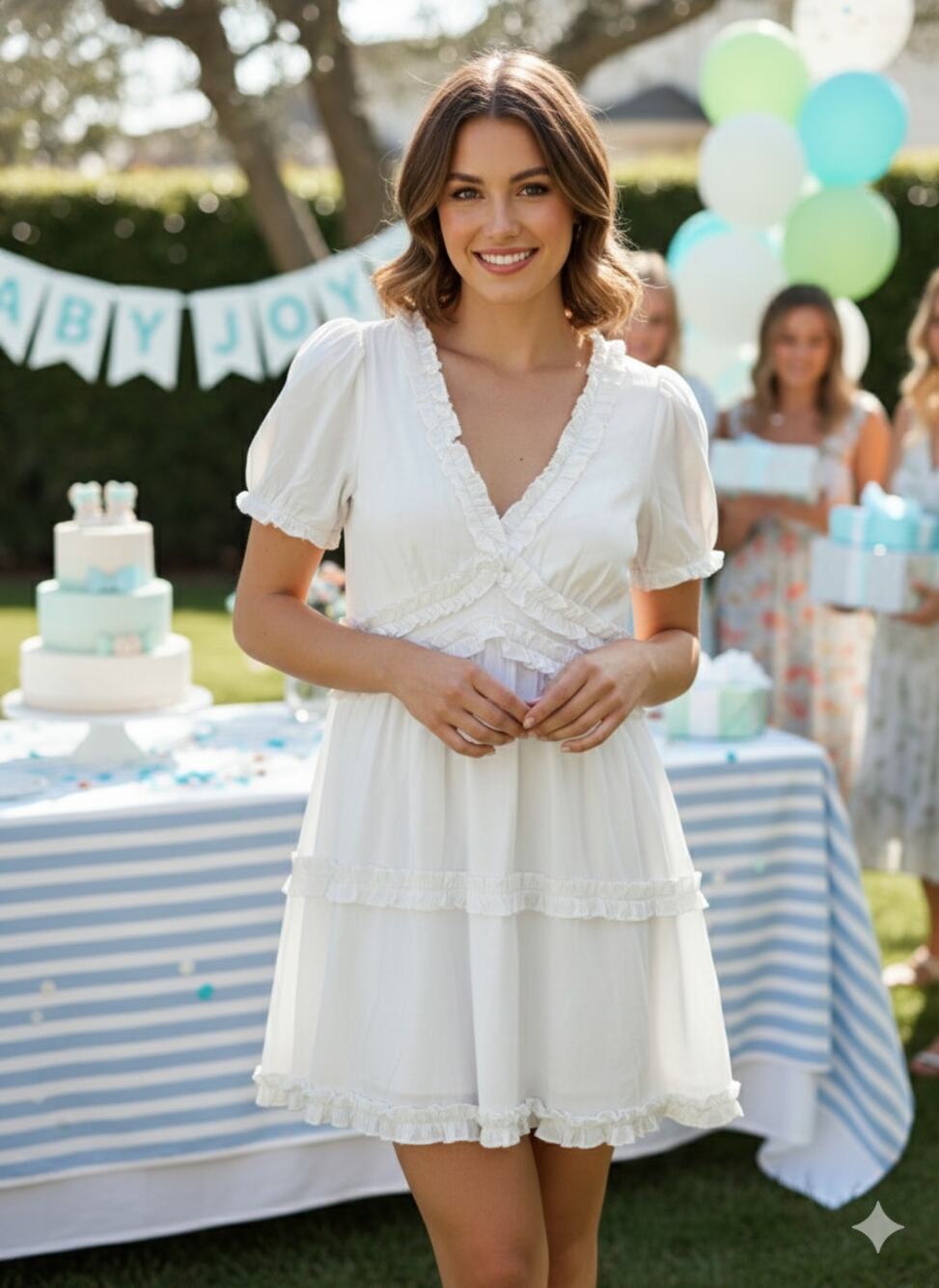 NWOT Altar'd State White Dress Ruffle,V neck,Graduation ,baby shower Size L